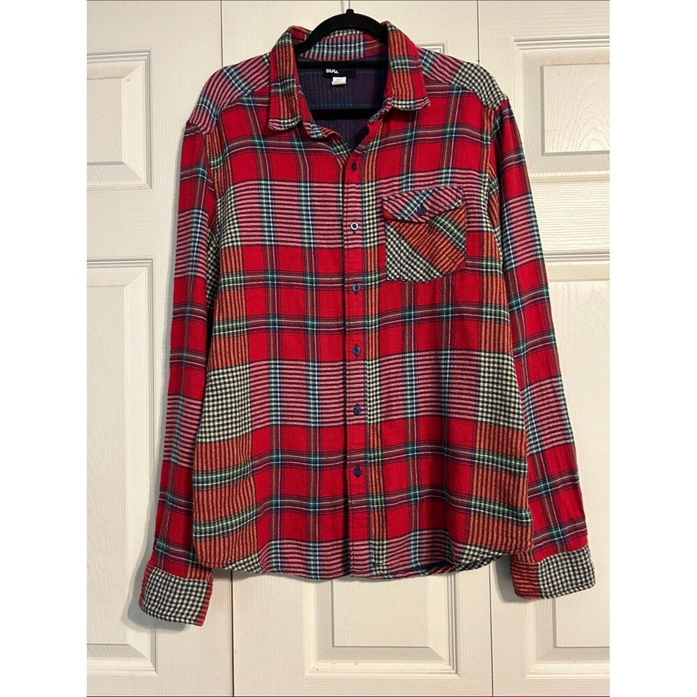 BDG Red Plaid Button-Up Shirt Green Blue Yellow Flannel Cotton Shacket Large